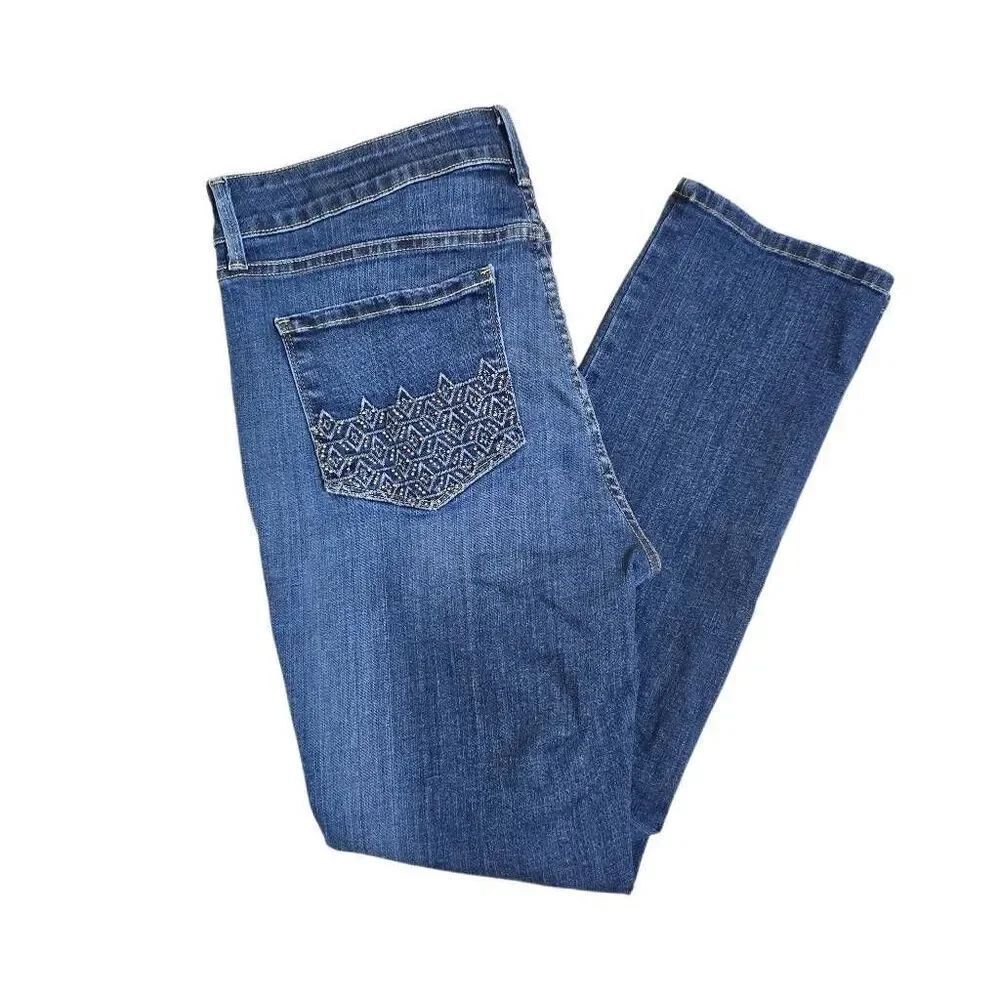 NYDJ Sheri Slim Jeans 12 Petite Blue Lift Tuck Geometric Pocket Stitching